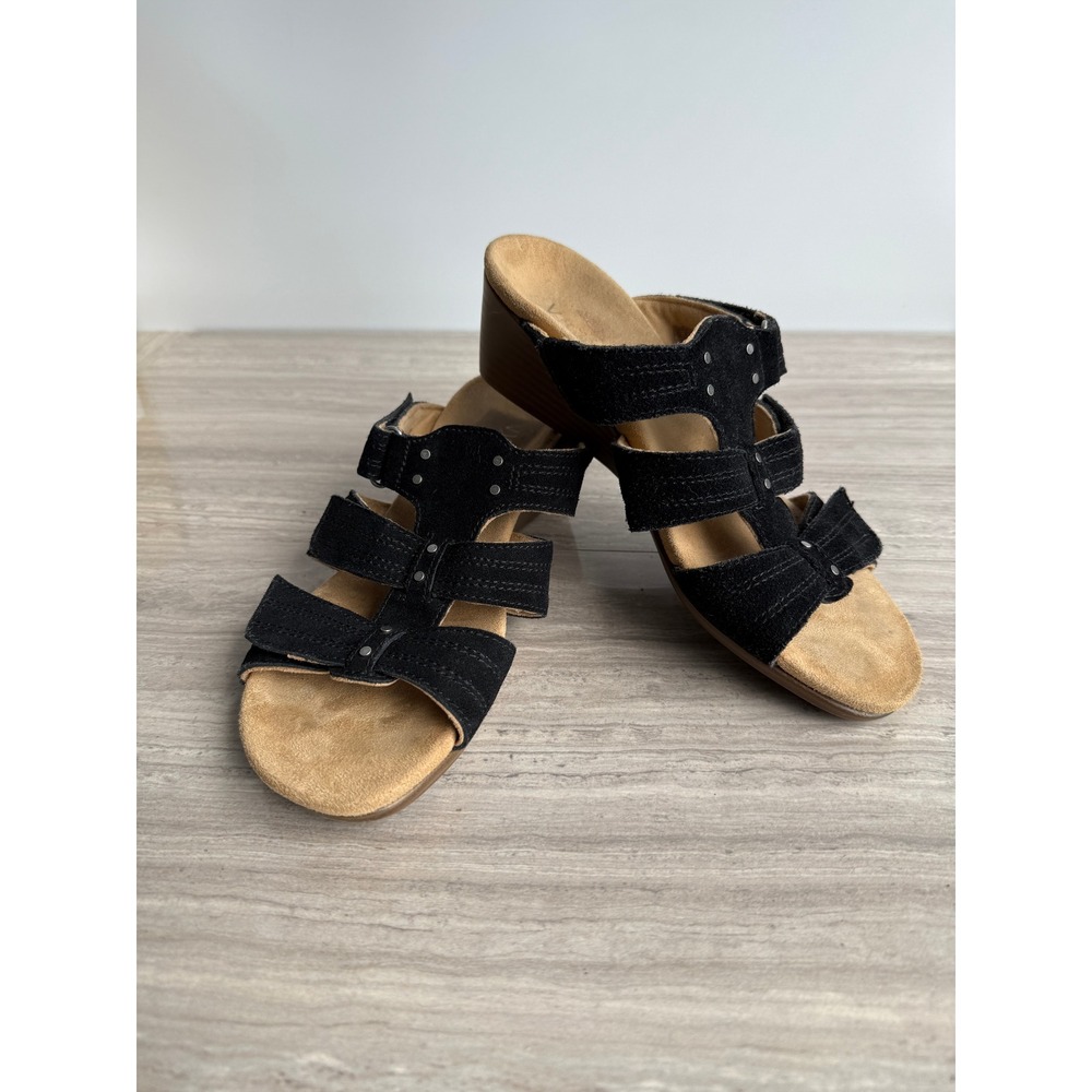 Vionic Wedge Sandals Corra Black Suede Studded‎ Straps Orthotic Comfort Boho 7